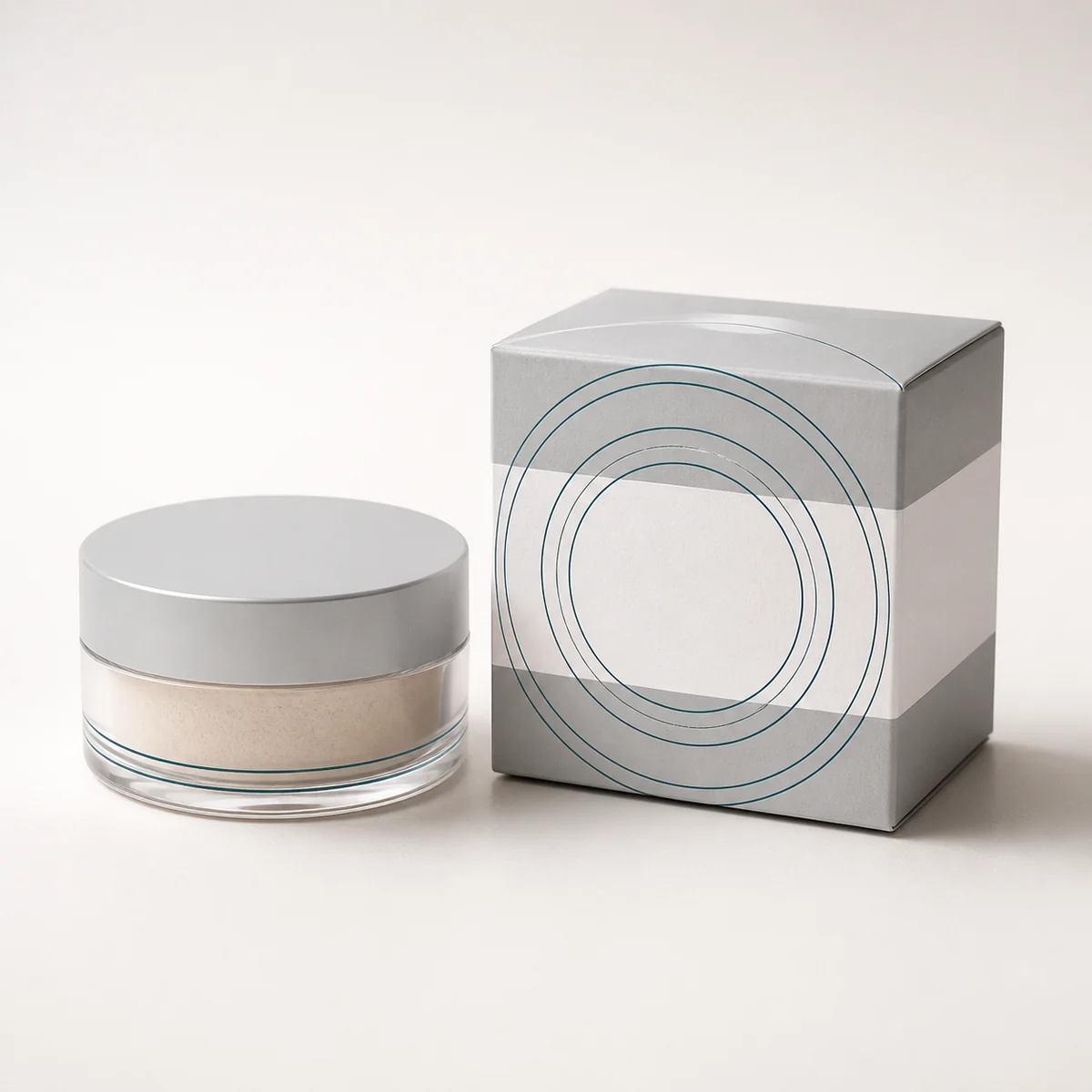 Custom setting powder box with matching product in a square studio photograph
