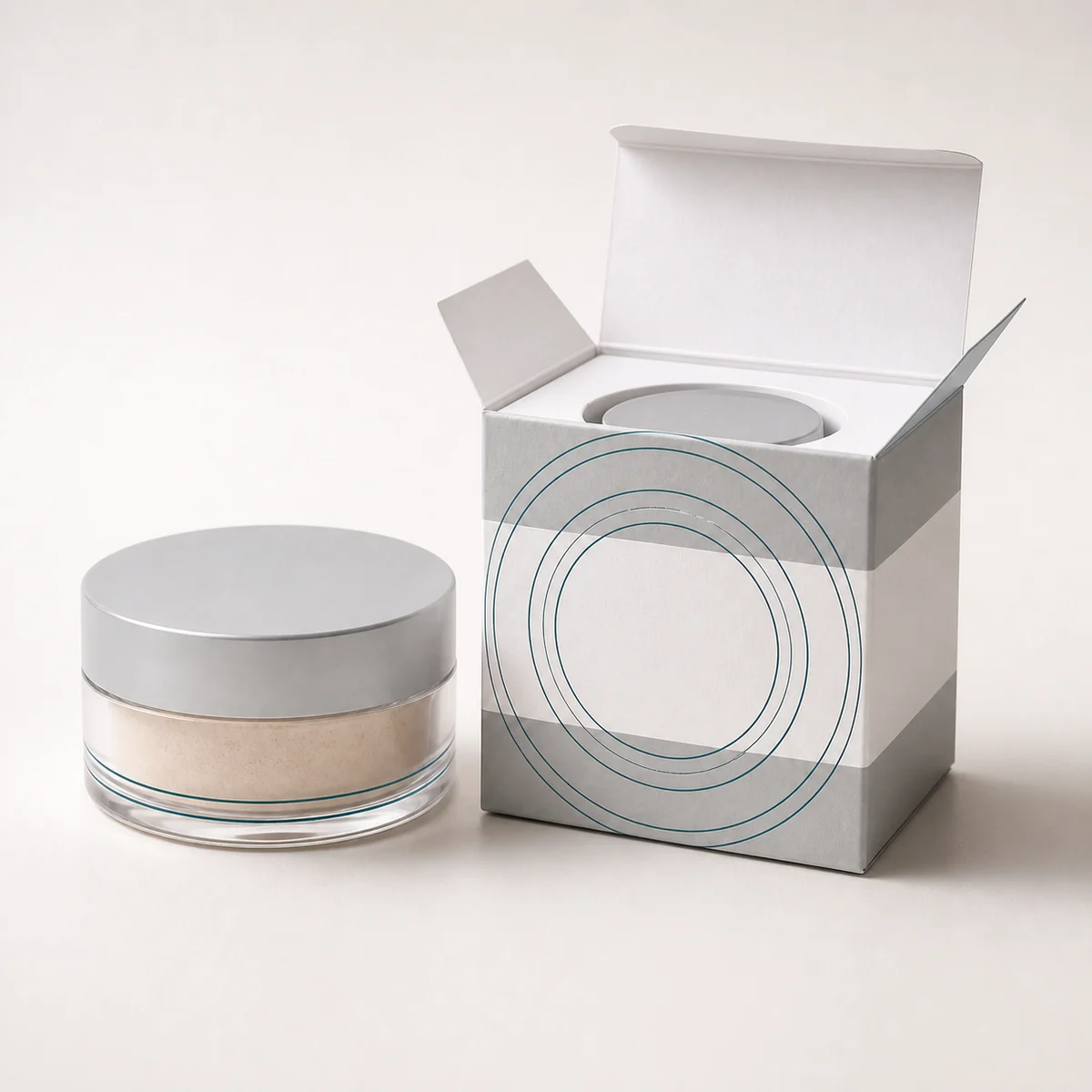Open custom setting powder box showing its fitted insert and product presentation
