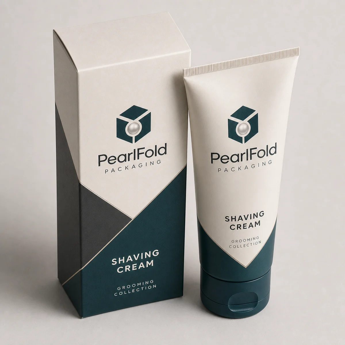 Custom shaving cream packaging shown from a three-quarter side angle