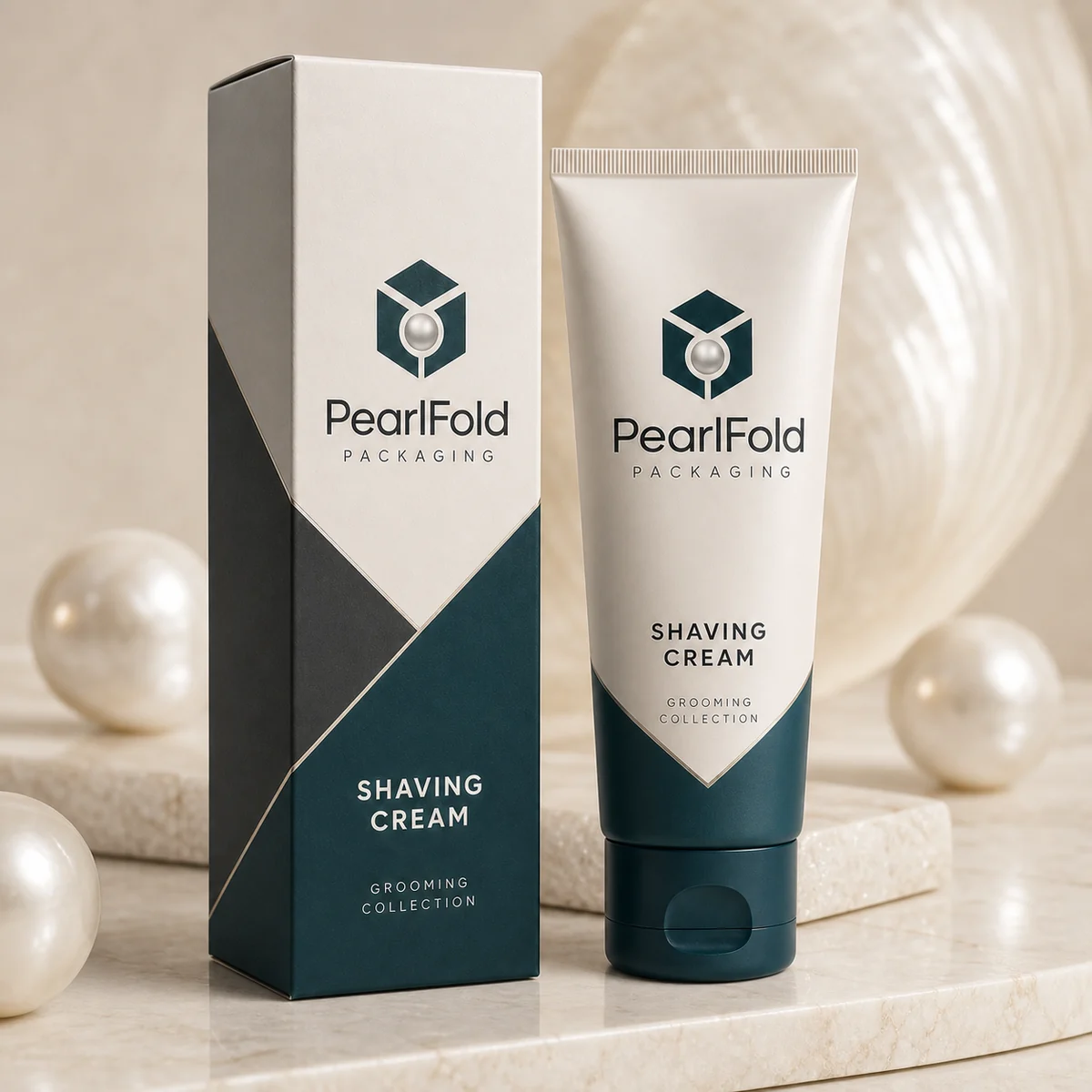 Custom shaving cream box in a premium square retail styling scene