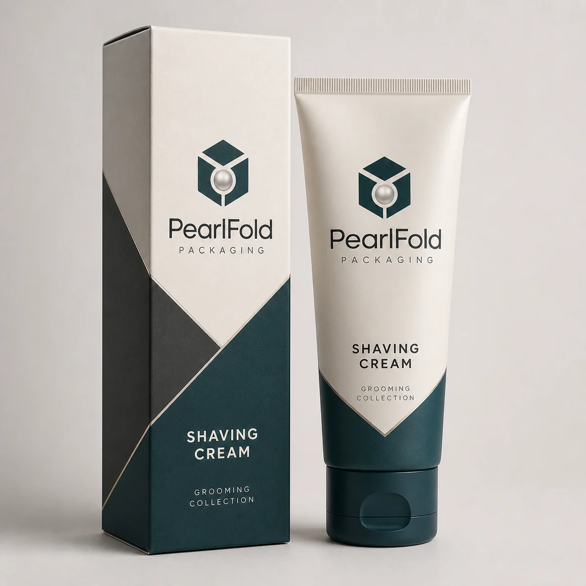 Custom shaving cream box with matching product in a square studio photograph