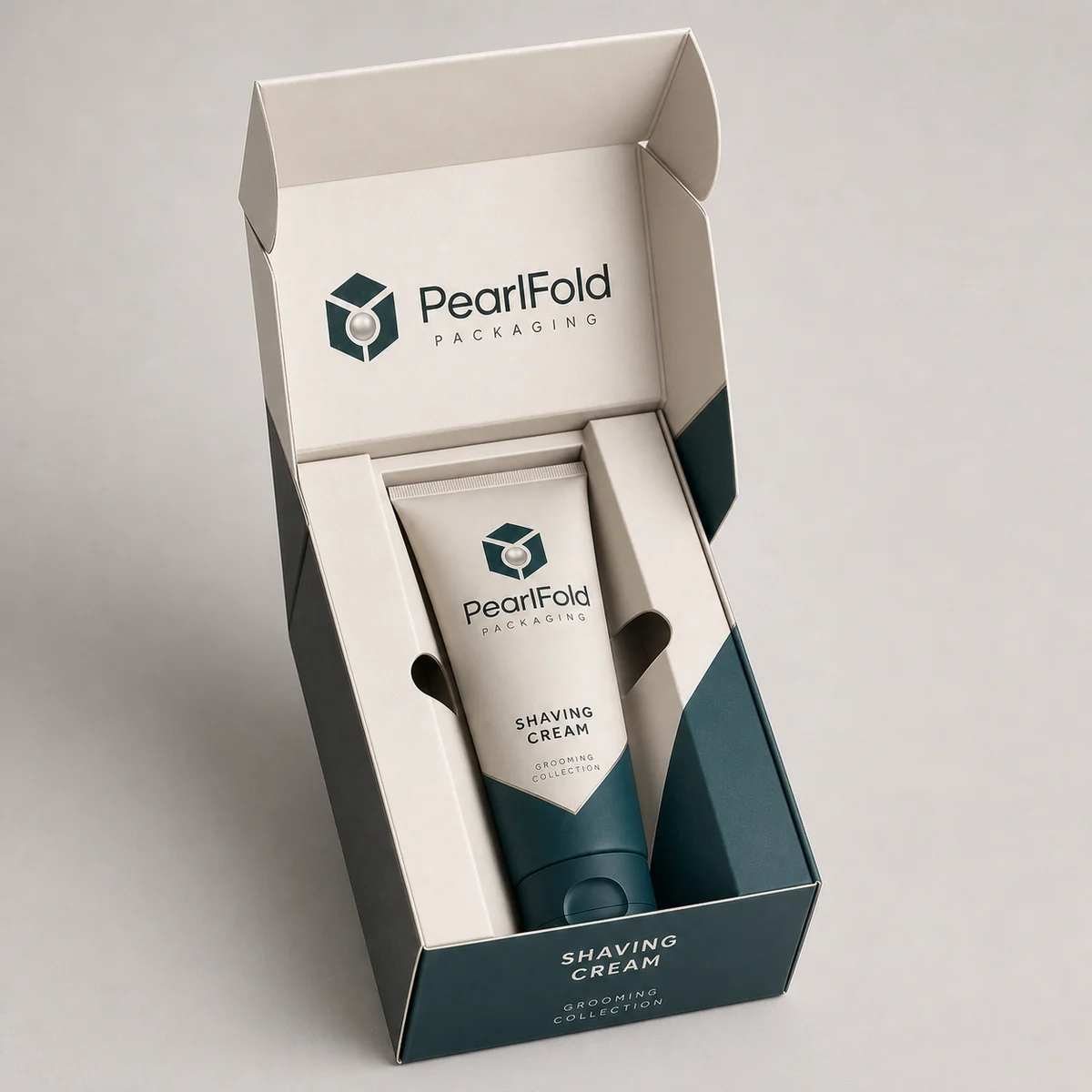 Open custom shaving cream box showing its fitted insert and product presentation