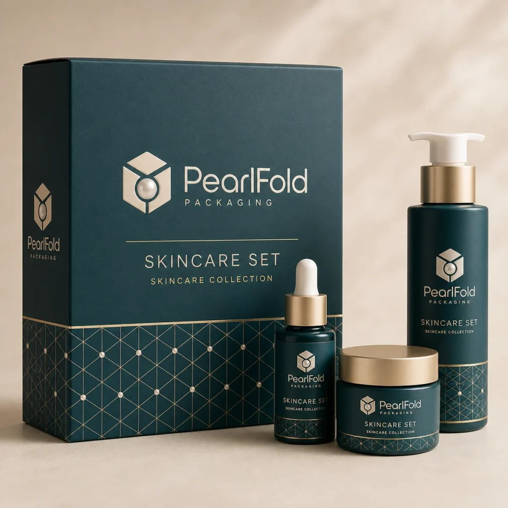 Custom skincare set box with matching product in a square studio photograph