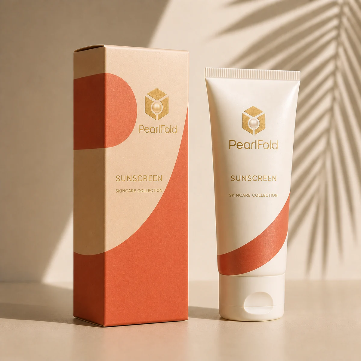 Custom sunscreen packaging shown from a three-quarter side angle