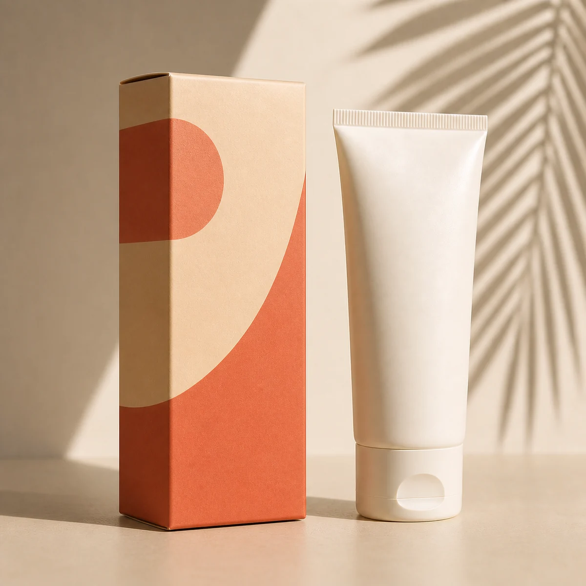 Custom sunscreen packaging shown from a three-quarter side angle