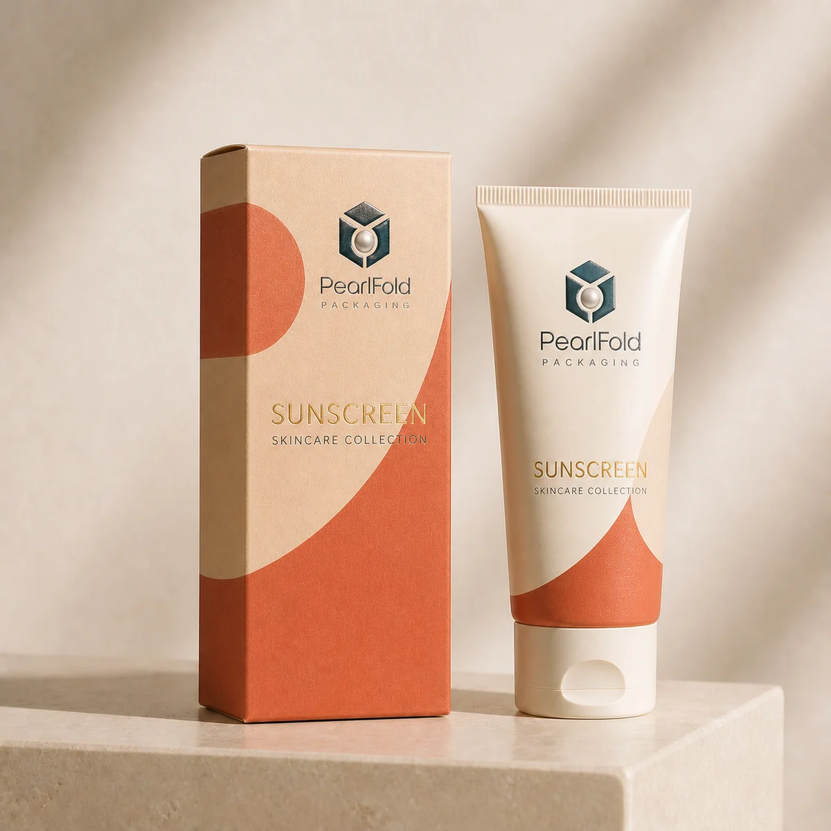 Custom sunscreen box in a premium square retail styling scene