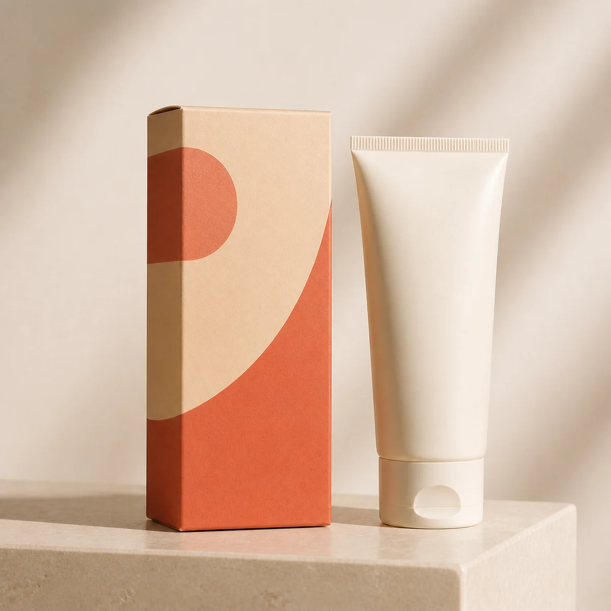 Custom sunscreen box in a premium square retail styling scene