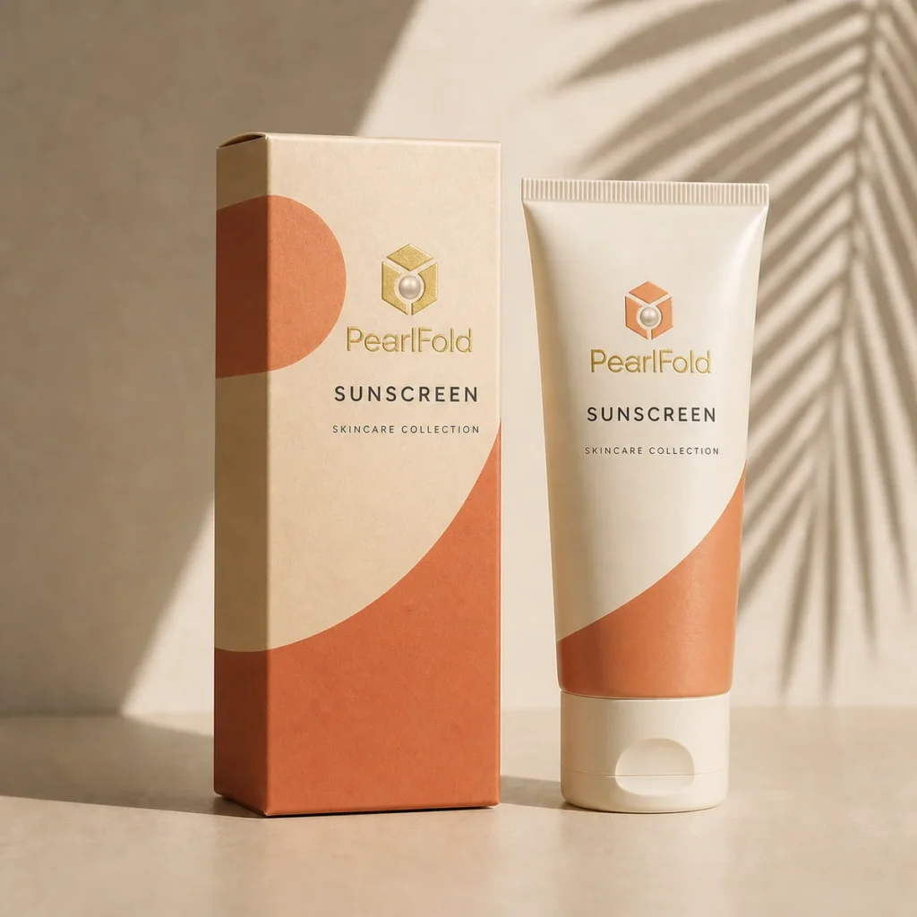 Custom sunscreen box with matching product in a square studio photograph