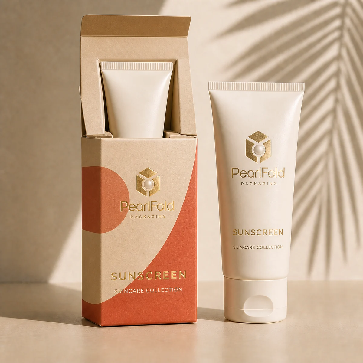 Open custom sunscreen box showing its fitted insert and product presentation
