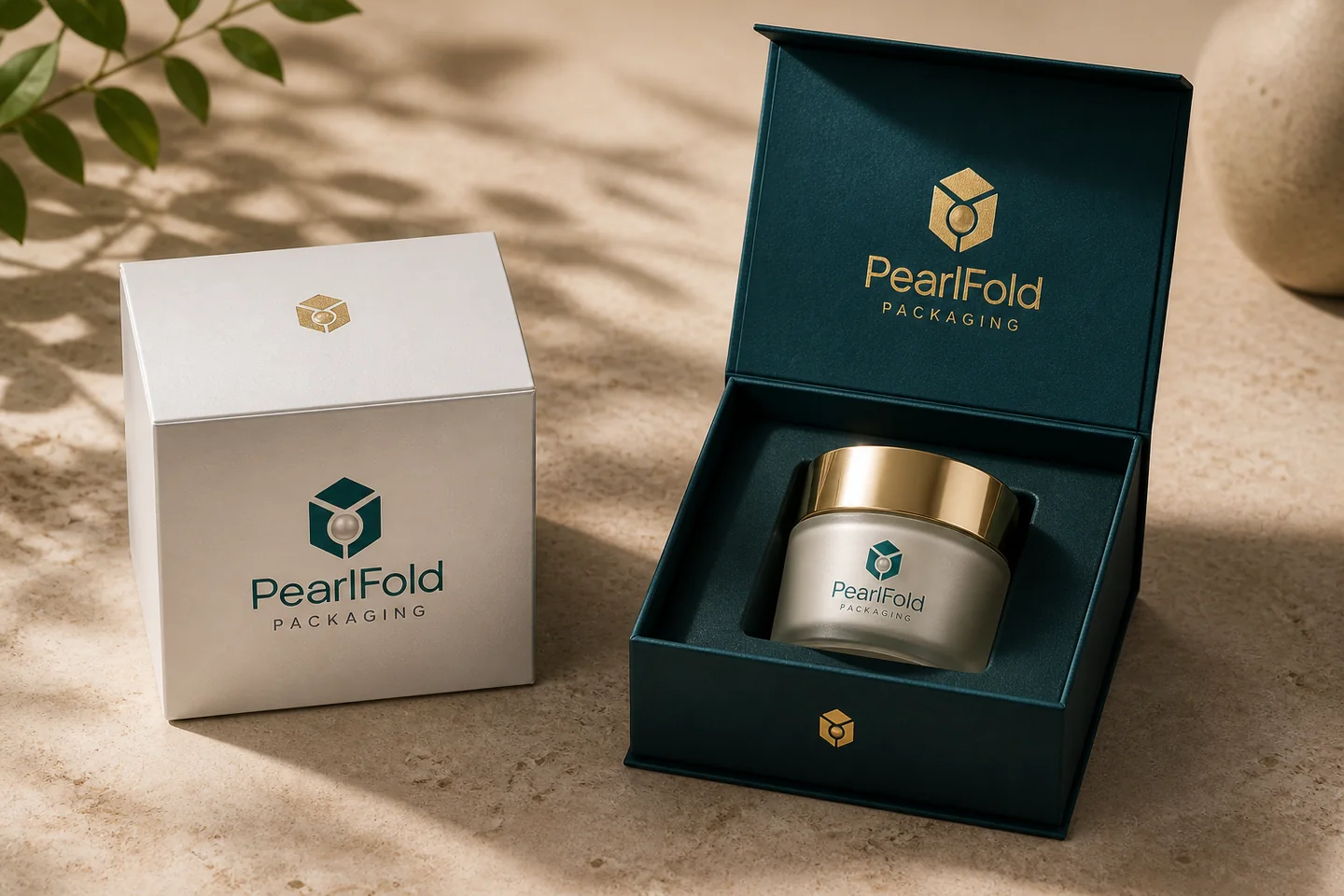 PearlFold folding carton and rigid presentation box shown side by side for a beauty packaging comparison
