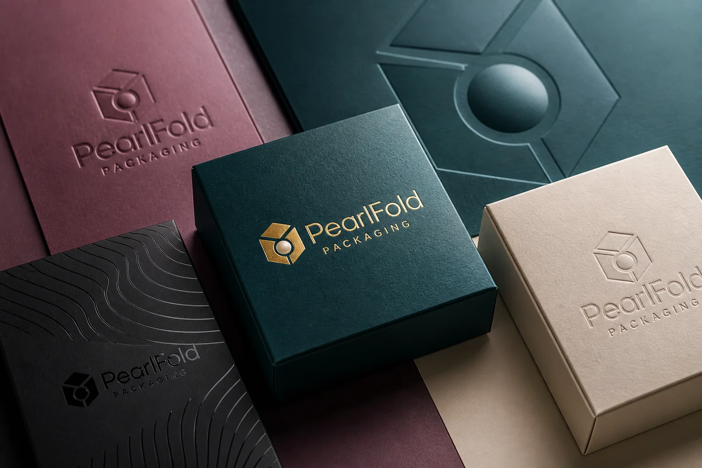PearlFold packaging samples showing gold foil, embossing, debossing and tactile surface finishes